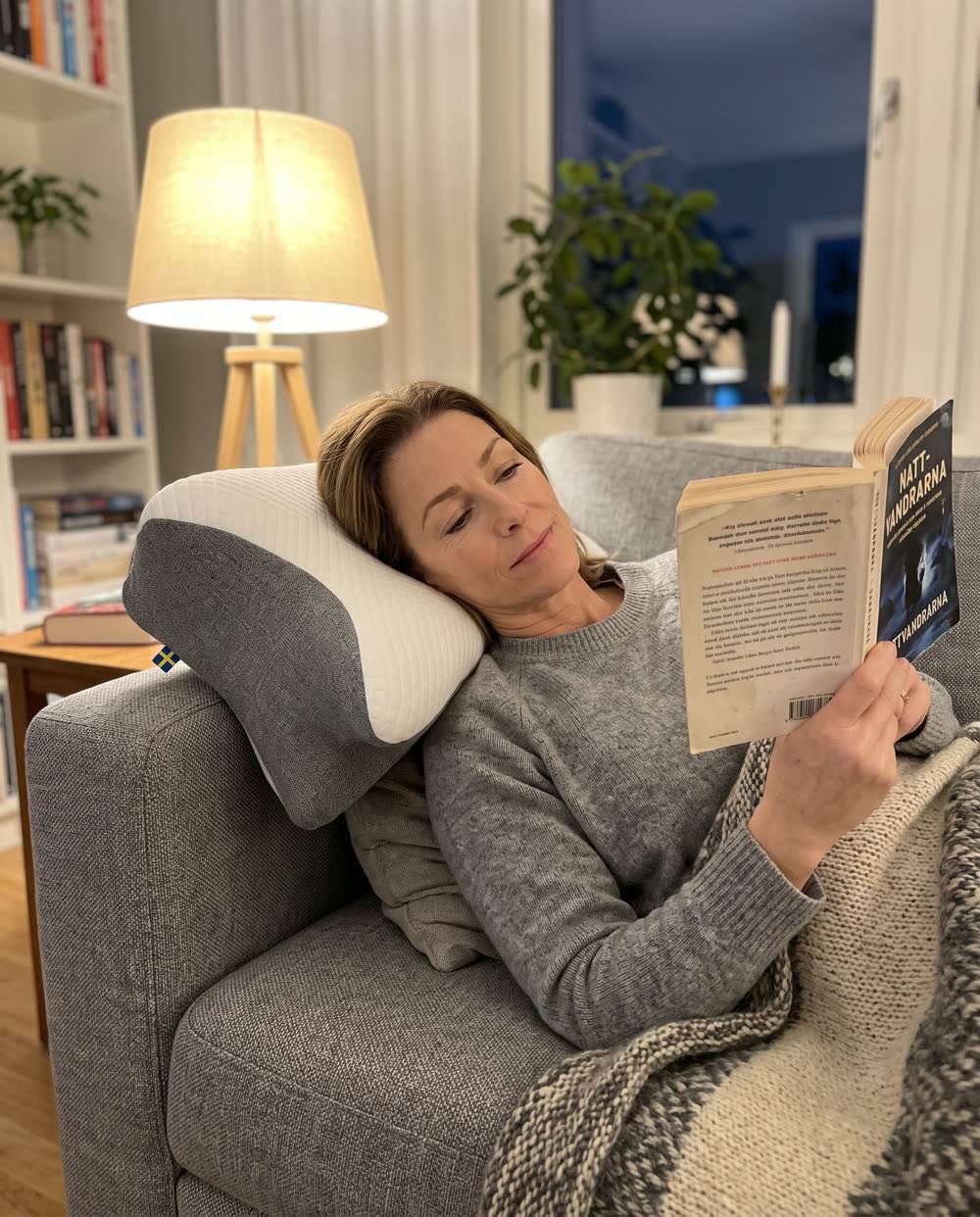 Kvinne leser i sofaen med hodet på soveputen