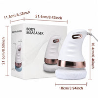 Cellulit massage maskin med produktmått och mått på förpackningen.