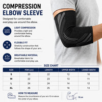 Elastiskt armbågsstöd med lätt kompression samt storleksguide och mått för bekväm passform.