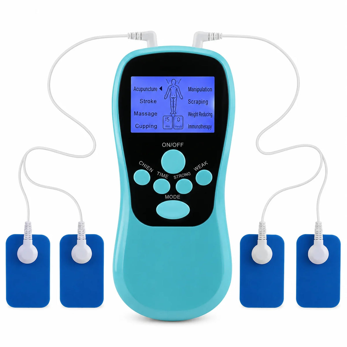 EMS massageapparat med fyra självhäftande elektrodpads och justerbara program.