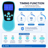 EMS massageapparat med timer för 5, 10 och 15 minuter samt justerbara program och intensitetsnivåer.