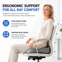 Person använder ergonomisk sittdyna på kontorsstol