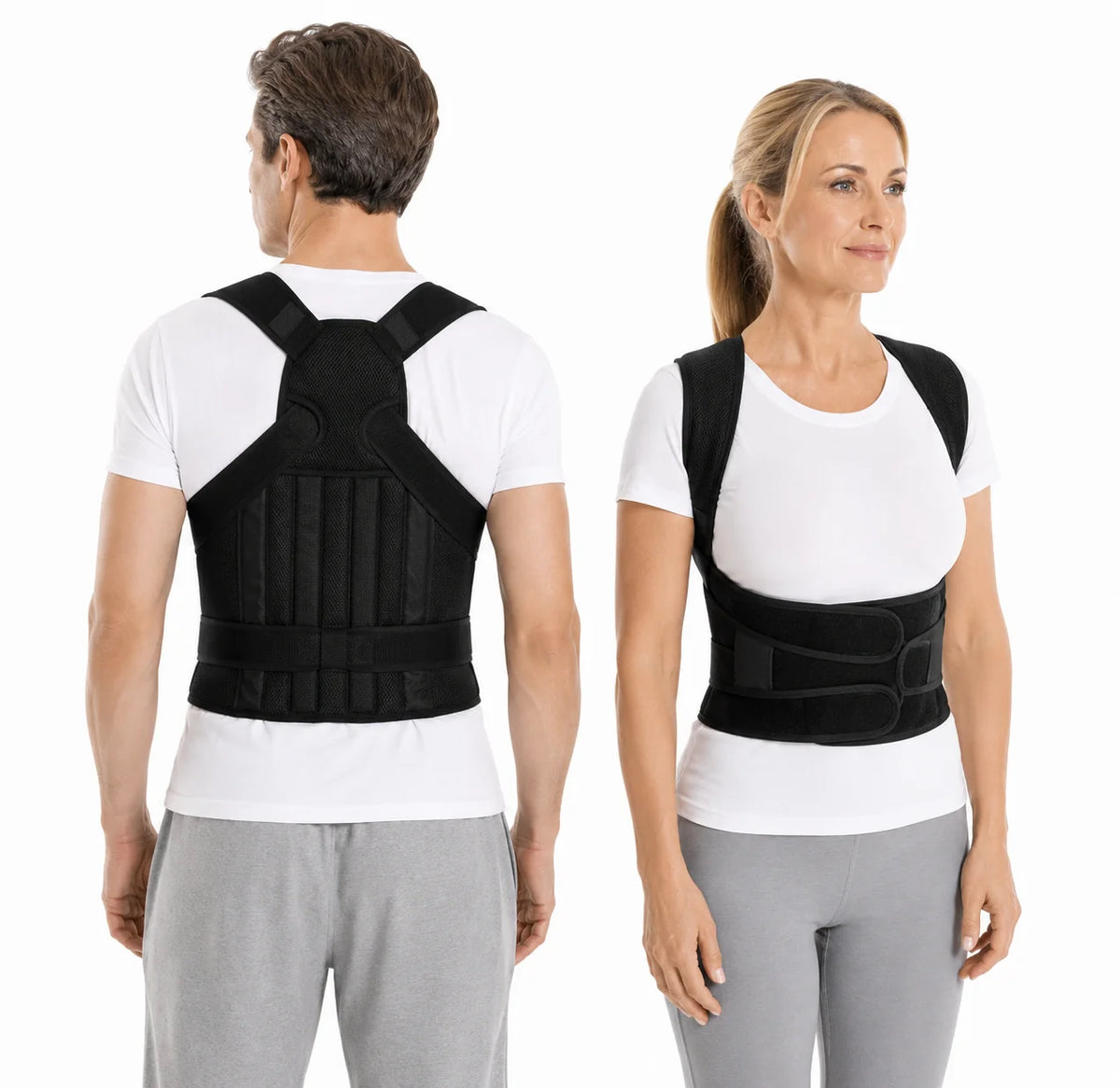 Hållningsväst med justerbart ryggstöd visad framifrån och bakifrån på kvinna och man.
