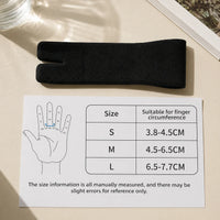 Svart justerbart fingerstöd med storleksguide för fingeromkrets i storlek S, M och L.