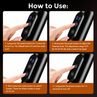 Massagepistol för rygg med digital kontrollpanel, sex intensitetsnivåer och tre valbara massagelägen.