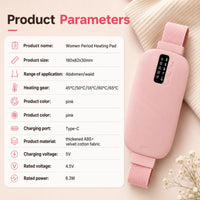 Produktinformation och tekniska specifikationer för menstruationsbälte med värmeterapi och USB-C laddning