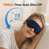 Kvinna vilar med mörkblå ögonmask och illustration av 15 minuters automatisk avstängning.