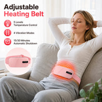 Kvinna använder justerbart värmebälte med fem temperaturnivåer och fyra vibrationslägen.