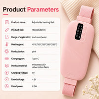 Rosa justerbart värmebälte med produktspecifikationer, temperaturnivåer och USB-C-laddning.
