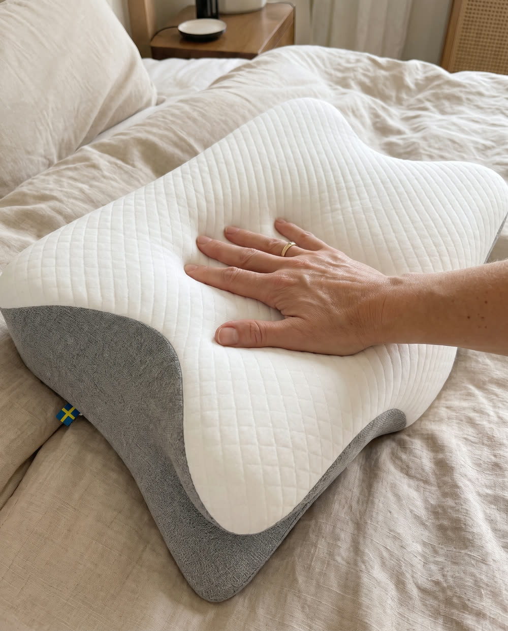 Hånd trykker i memoryskummet på soveputen
