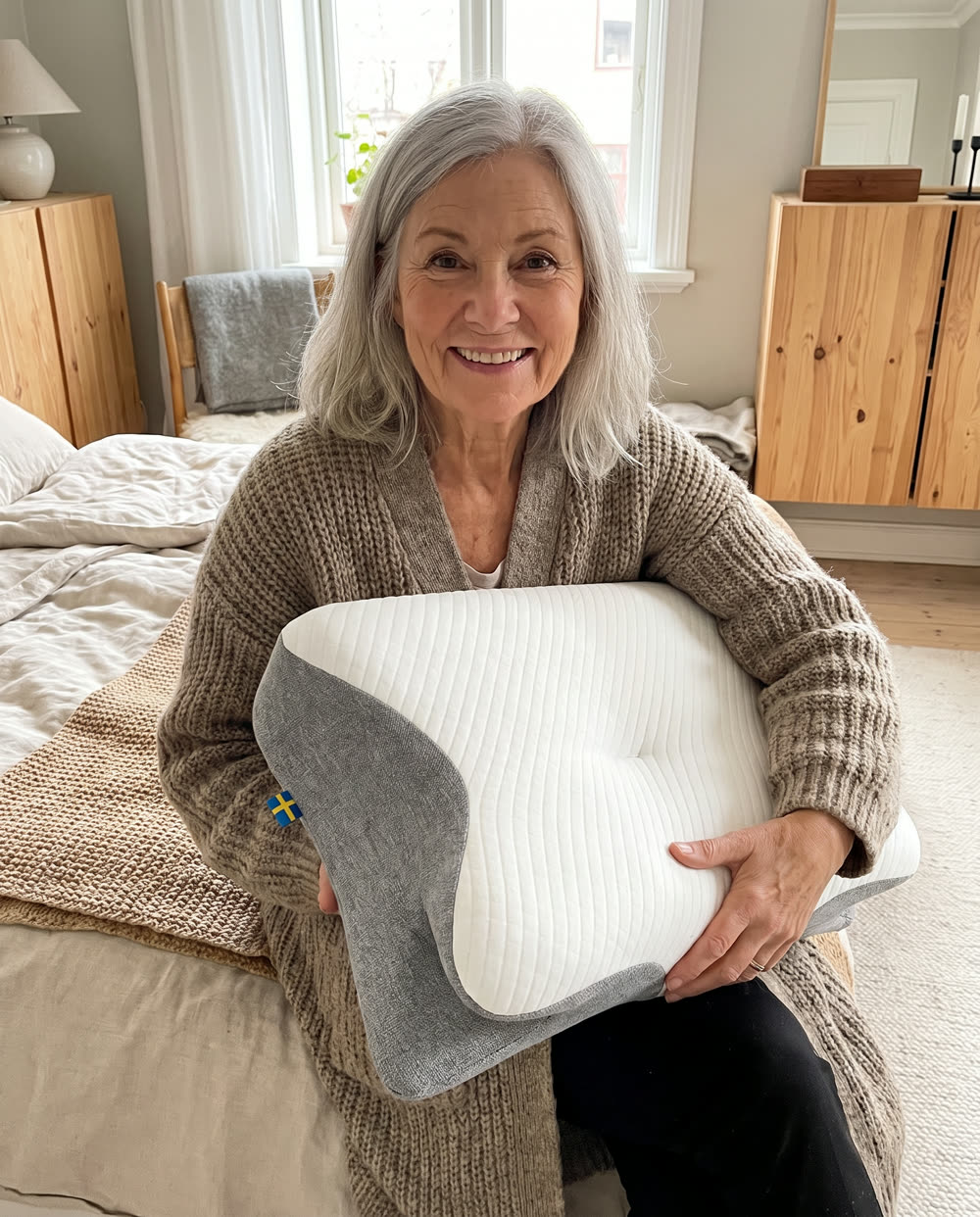 Smilende eldre kvinne med sovepute i fanget
