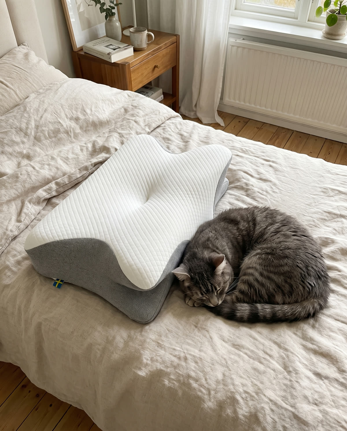 Katt sover ved siden av soveputen på sengen