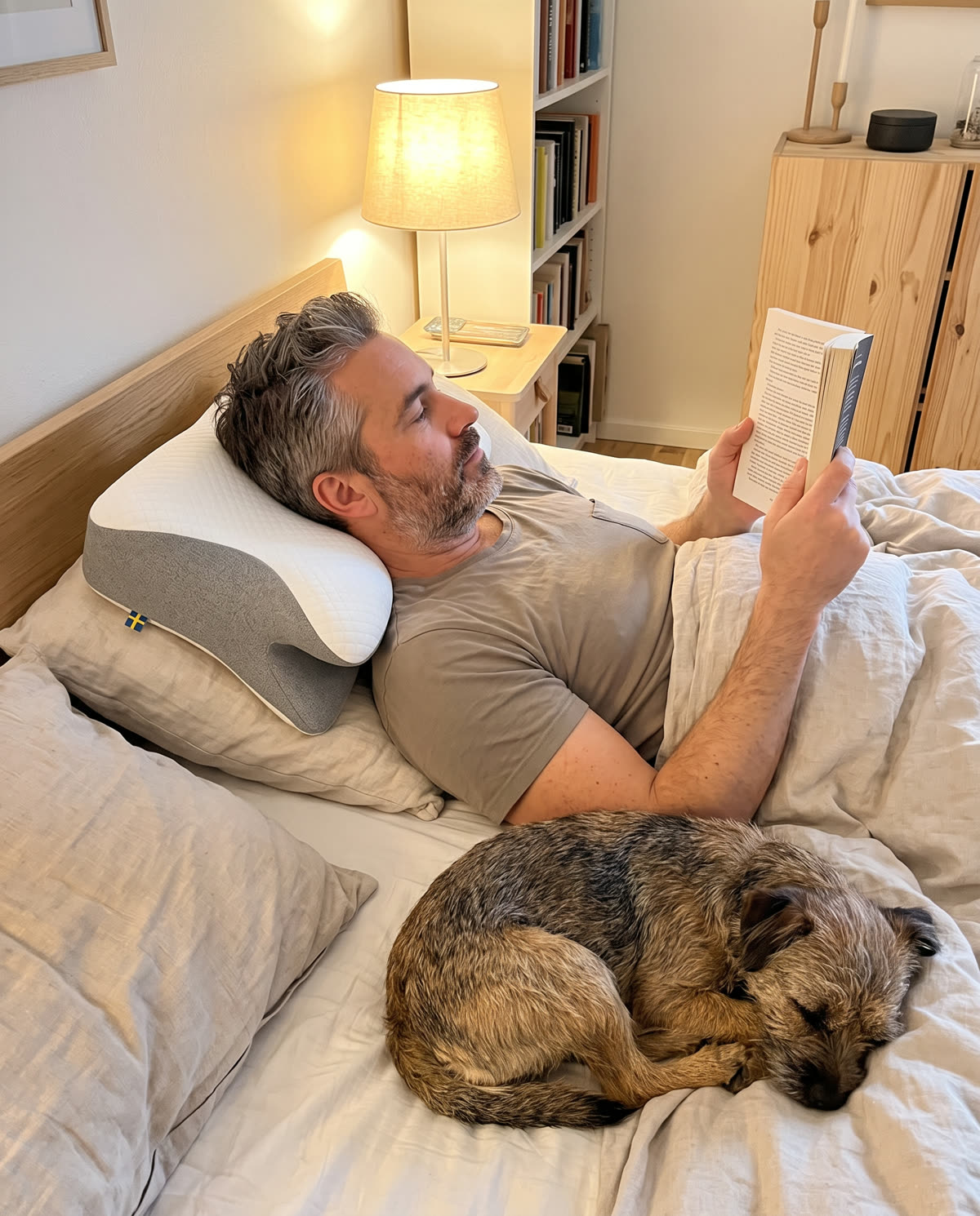Mann leser i sengen med hodet på soveputen, hund ved fotenden